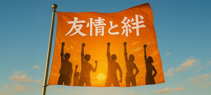 オレンジ色に染まった夕暮れの中で6人の人達が拳を掲げている後ろ姿のイラストの上部分に白い字で「友情と絆」と名入れ印刷されているオリジナル応援旗のデザインイメージ画像