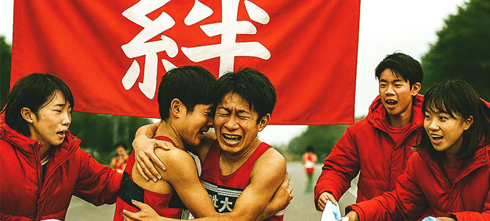 絆という文字が大きく書かれた、赤い応援旗の前で、紅組のチームメンバーが一喜一憂しているイメージ画像