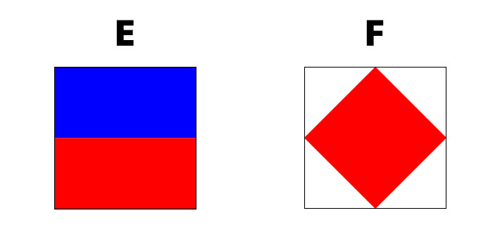 「E（Echo エコー）」と「F(Foxtrot フォックストロット)<」を表す国際信号旗のデザインイメージ画像