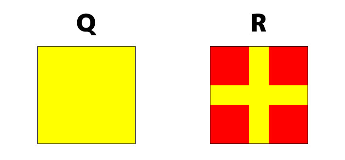 「Q（Quebec ケベック）」と「R（Romeo ロメオ）」を表す国際信号旗のデザインイメージ画像