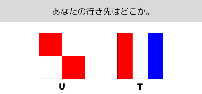 「U」+「T」で『あなたの行き先はどこか。』という意味を表す、二字の国際信号旗のデザインイメージ画像