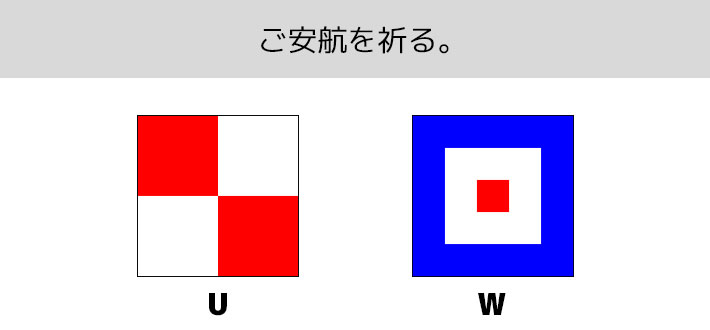 「U」+「W」で『ご安航を祈る。』という意味を表す、二字の国際信号旗のデザインイメージ画像