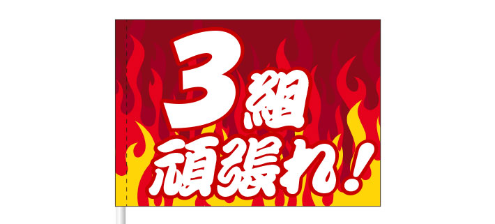 炎をモチーフにした赤色の旗の中心に、力強い白文字で「3組頑張れ!」というメッセージが名入れ印刷された、応援旗のイメージ画像