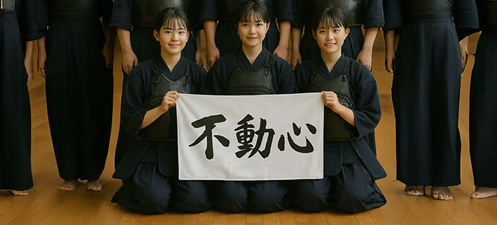 剣道の道着を着用した3人の笑顔の女性が、白い生地に黒の筆書きのようなフォントで「不動心」と名入れ印刷された応援旗を手で持って広げている画像