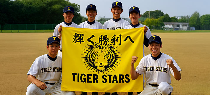 画像の中では、野球部の6名の高校生男子が、黄色いオリジナル応援旗を手で持って広げており、その応援旗は黄色い生地で、生地の中心部分にライオンのイラスト、イラストの上部には「輝く勝利へ」という文言、イラストの下部には「TIGER STARS」という文言が、それぞれ黒色で名入れ印刷されている