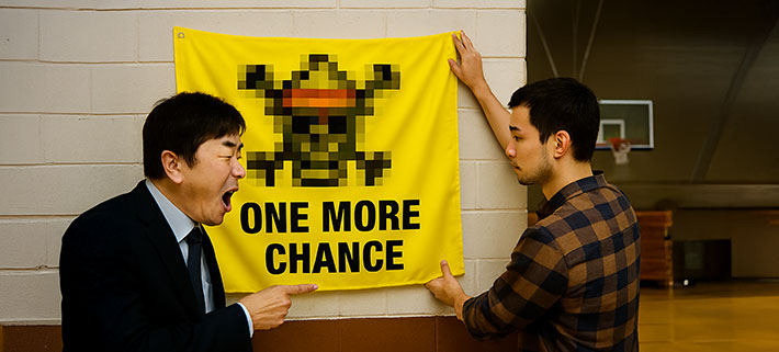 著作権の侵害に該当しそうなイラスト（イラストにはモザイクがかかっている）が名入れ印刷された、黄色いオリジナル応援旗を学校の体育館の壁に掲示しようとしている男性生徒を教師が注意している現場の画像