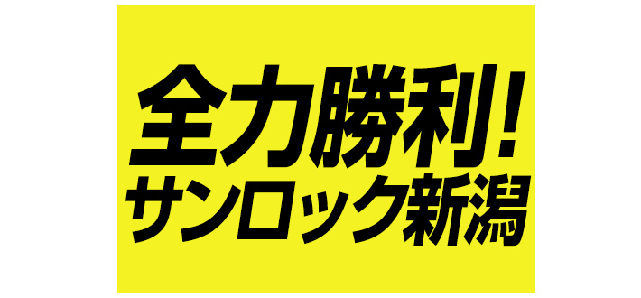 黄色い生地の中心部分に黒いゴシック文字で「全力勝利！サンロック新潟」という文言が名入れ印刷された、黄色いオリジナル応援旗のデザインイメージ画像