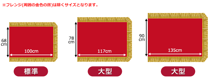 タテ68cm×ヨコ100cm（標準）　タテ78cm×ヨコ117cm（大型）　タテ90cm×ヨコ135cm（大型）※フレンジ（周囲の金の房）は除くサイズとなります。